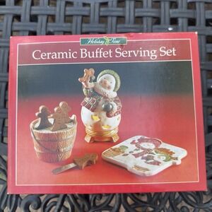 Vtg 90s Christmas Buffet Serving Set Charcuterie Snowman Gingerbread Spreader
